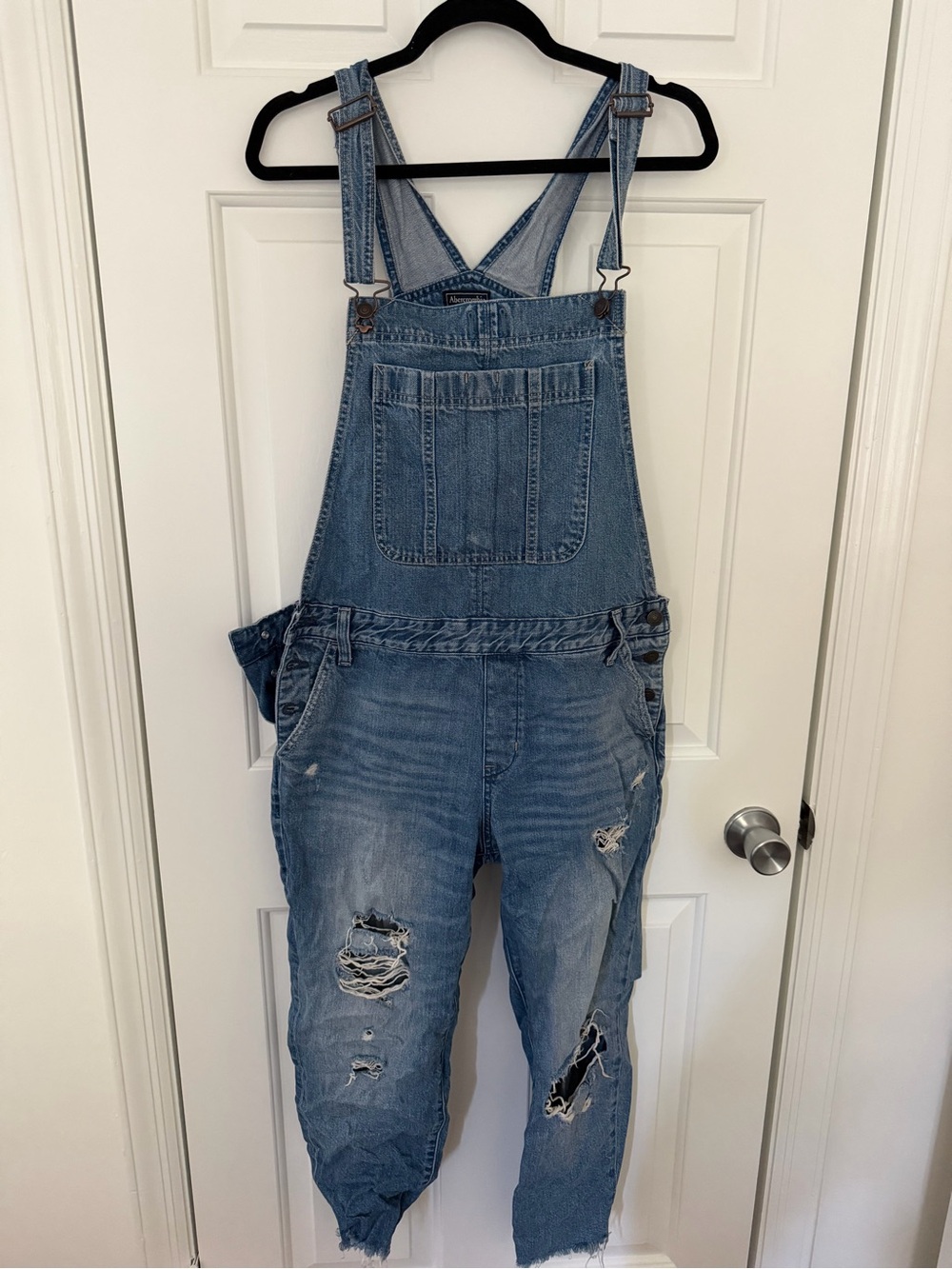 Abercrombie & Fitch Light Blue Distressed Denim Overalls